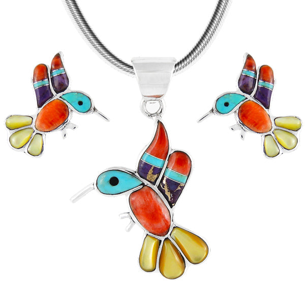 Sterling Silver Hummingbird Pendant & Earrings Set Multicolor PE4019-C01