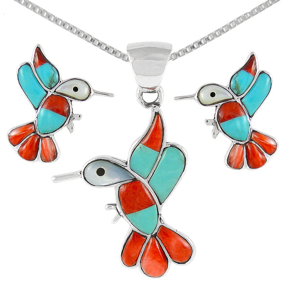 Sterling Silver Hummingbird Pendant & Earrings Set Multicolor PE4019-C46