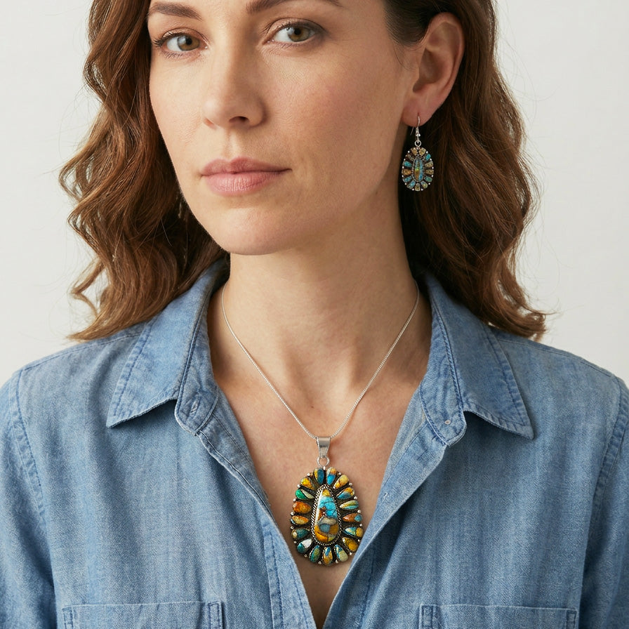 Spiny Turquoise Sterling Silver Pendant & Earrings Set PE4029-C89