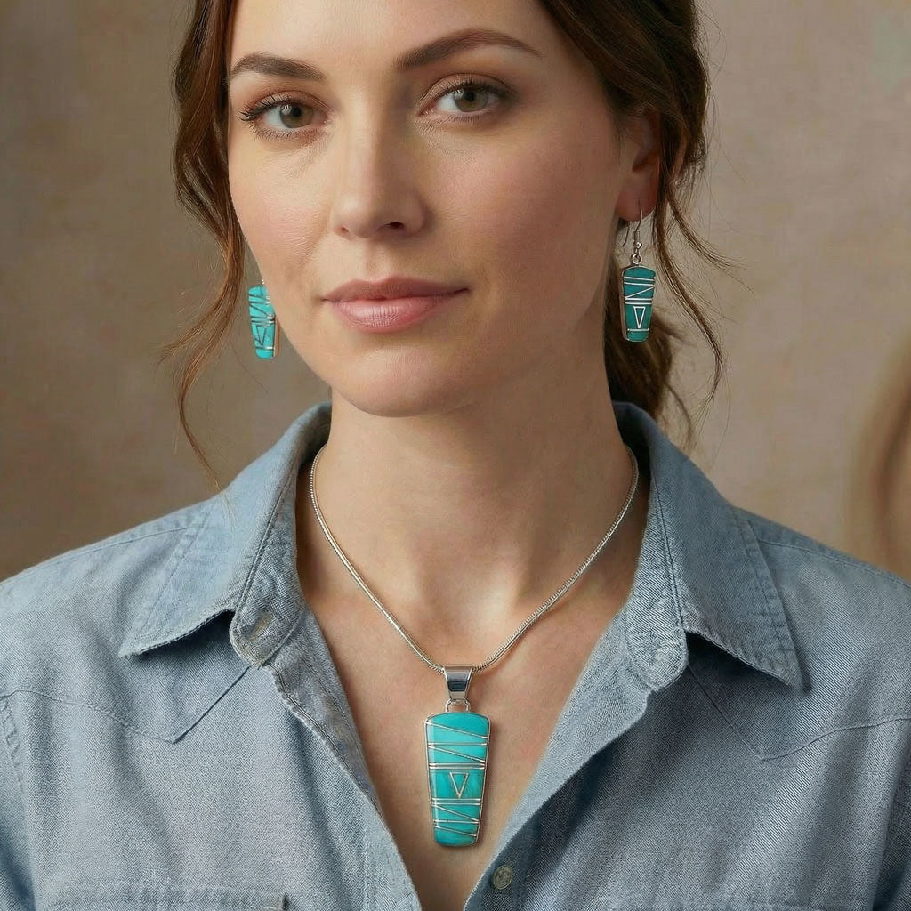 Sterling Silver Pendant & Earrings Set Turquoise PE4030-C05