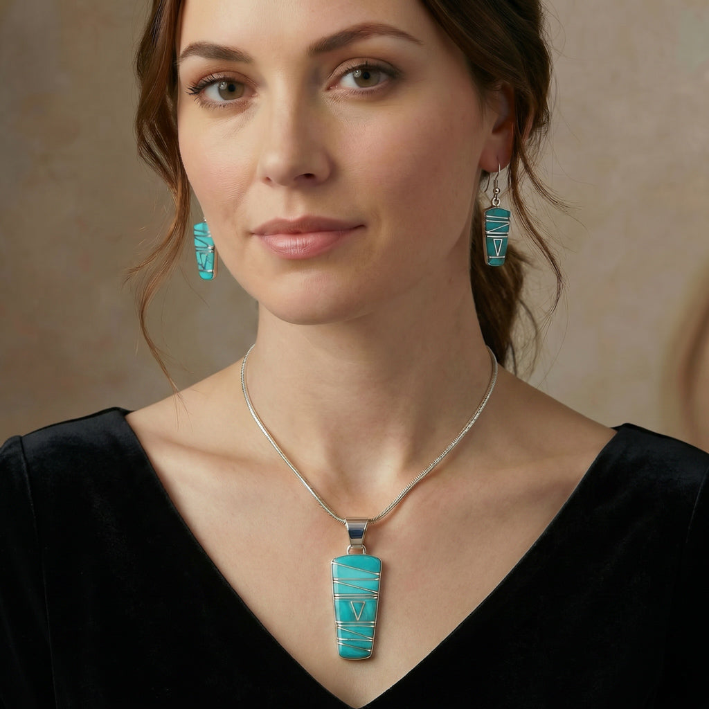 Sterling Silver Pendant & Earrings Set Turquoise PE4030-C05