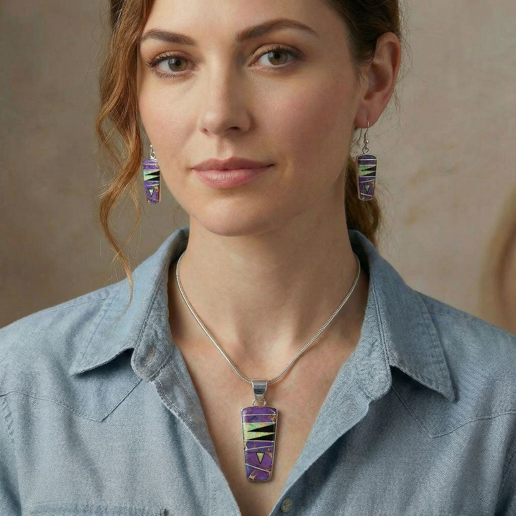Sterling Silver Pendant & Earrings Set Purple Turquoise PE4030-C23