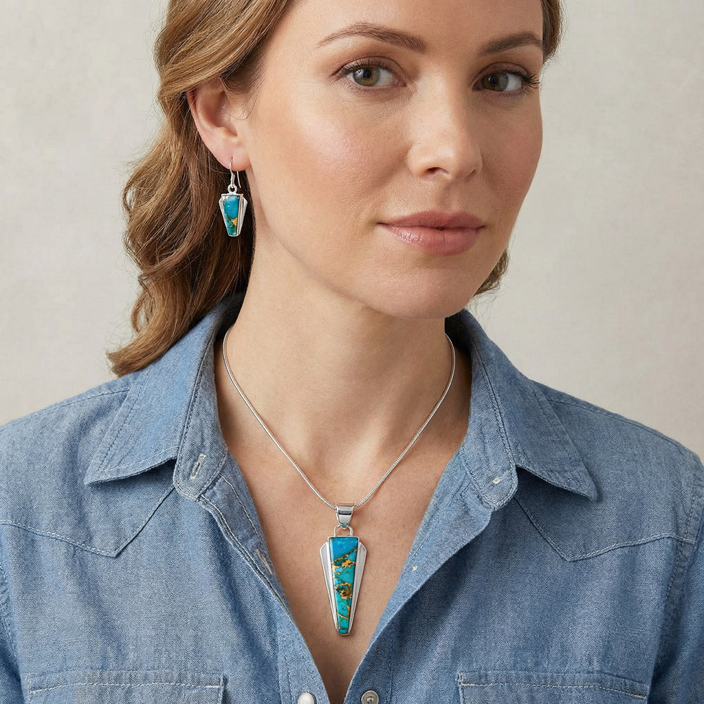 Matrix Turquoise Pendant & Earrings Set Sterling Silver PE4033-C84B