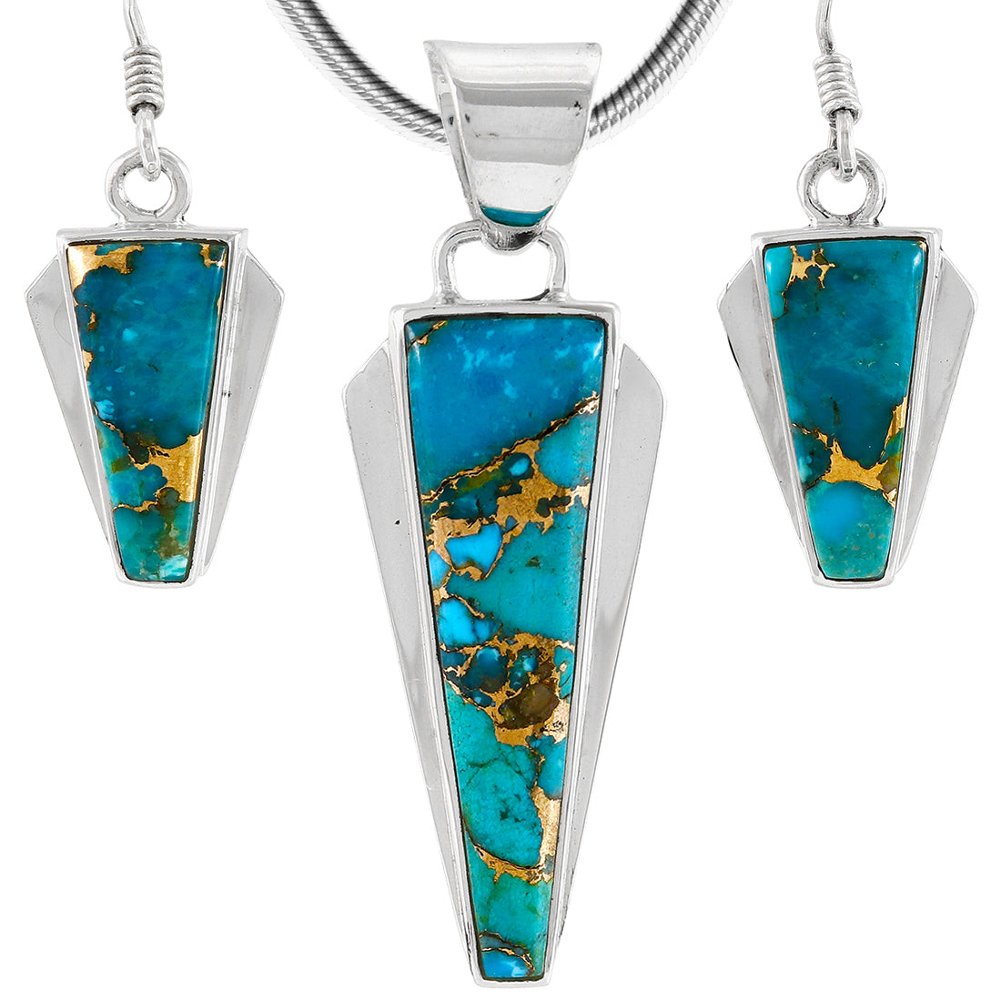 Matrix Turquoise Pendant & Earrings Set Sterling Silver PE4033-C84B