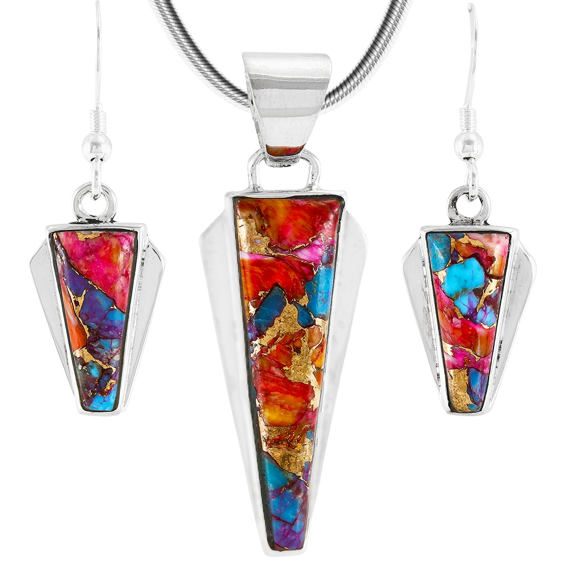 Rainbow Spiny Turquoise Pendant & Earrings Set Sterling Silver PE4033-C91