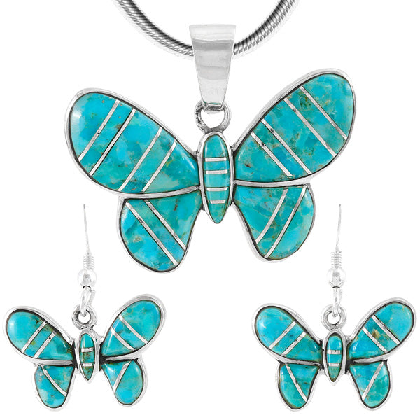 Sterling Silver Butterfly Pendant & Earrings Set Turquoise PE4039-C05