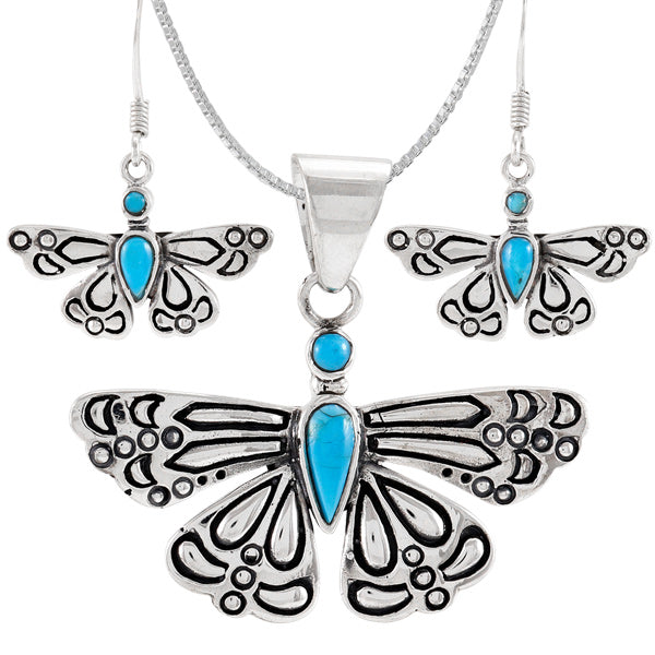 Butterfly Turquoise Pendant & Earrings Set Sterling Silver PE4040-C75