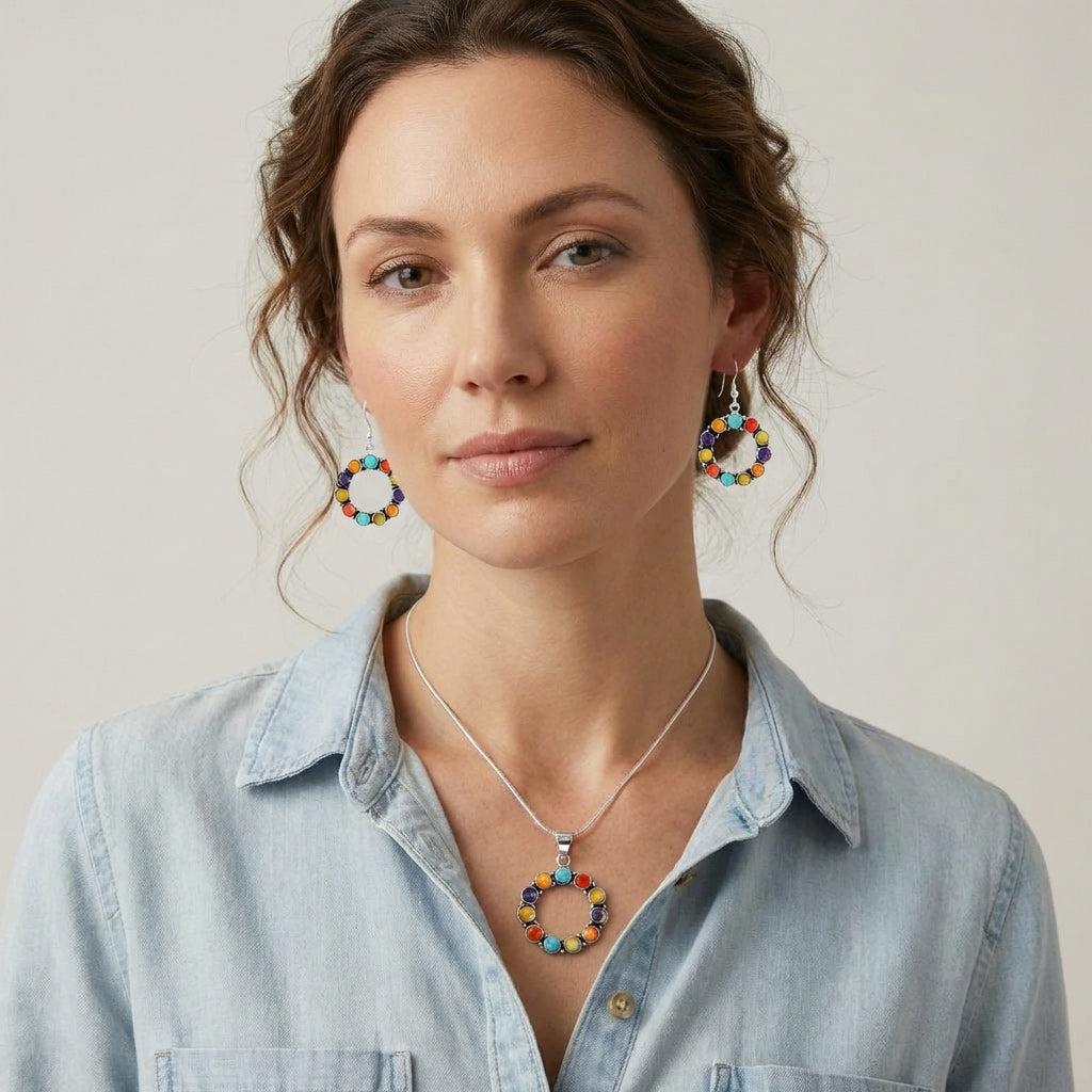 Sterling Silver Pendant & Earrings Set Multicolor PE4053-C71