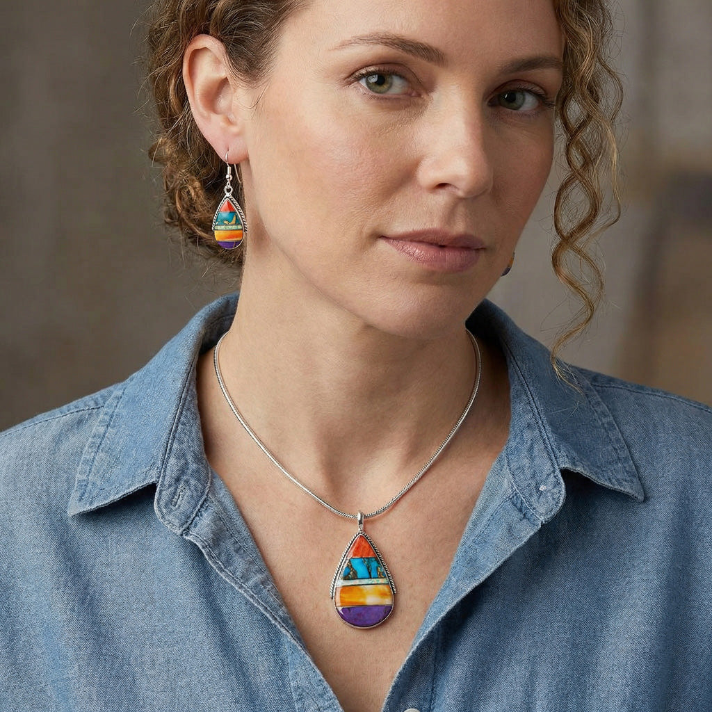 Sterling Silver Pendant & Earrings Set Multicolor PE4054-C00