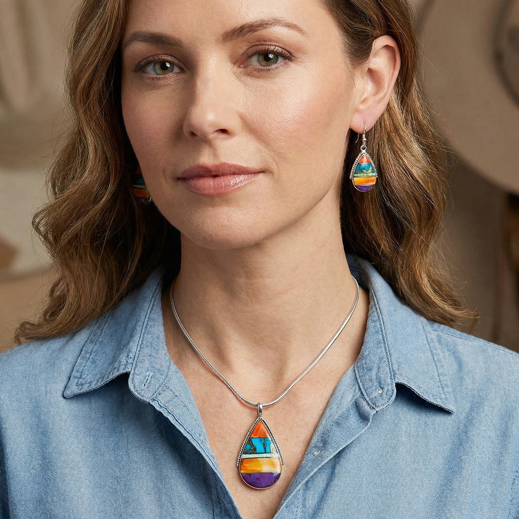 Sterling Silver Pendant & Earrings Set Multicolor PE4054-C00