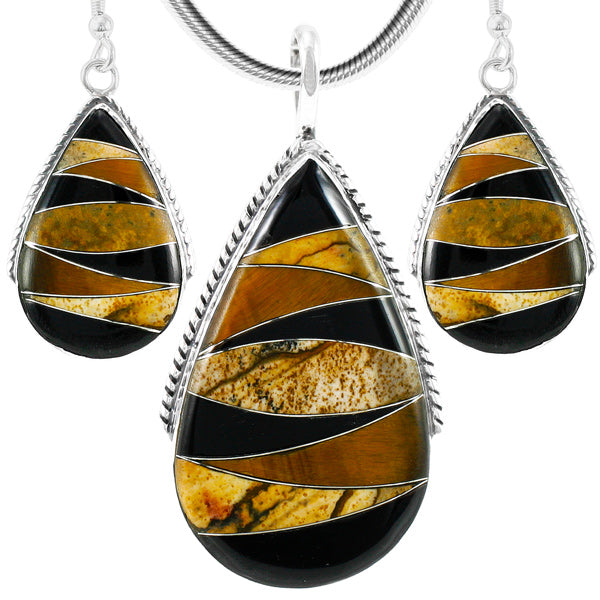 Tiger Eye Pendant & Earrings Set Sterling Silver PE4054-C33