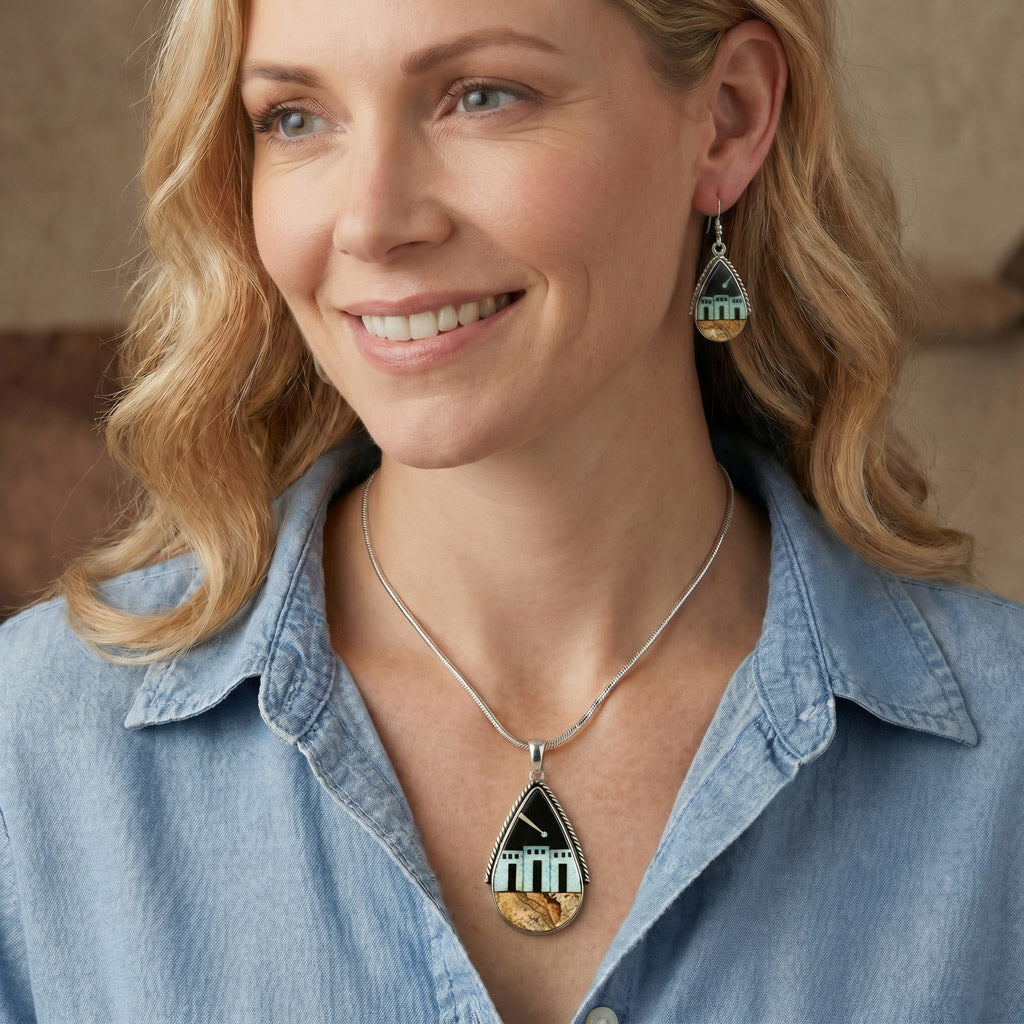 Pueblo Design Multi-Gemstone Turquoise Pendant & Earrings Set Sterling Silver PE4054-C41