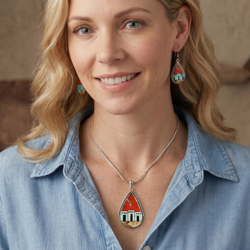 Pueblo Design Multi-Gemstone Coral Pendant & Earrings Set Sterling Silver PE4054-C42