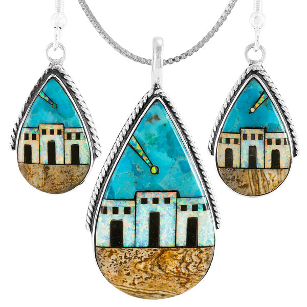 Pueblo Design Multi-Gemstone Turquoise Pendant & Earrings Set Sterling Silver PE4054-C43