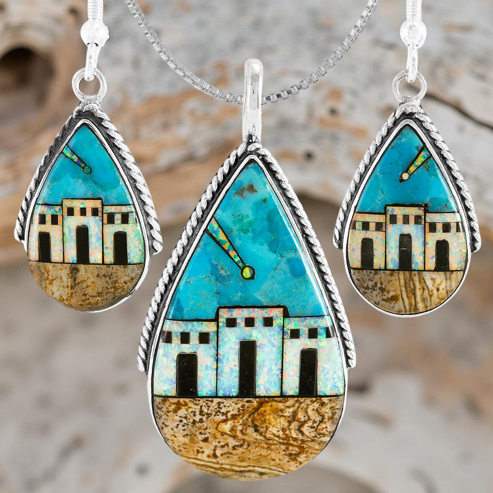 Pueblo Design Multi-Gemstone Turquoise Pendant & Earrings Set Sterling Silver PE4054-C43