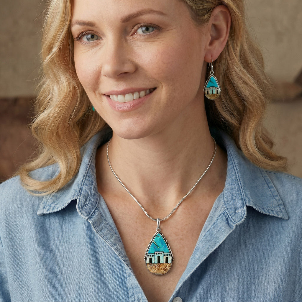 Pueblo Design Multi-Gemstone Turquoise Pendant & Earrings Set Sterling Silver PE4054-C43