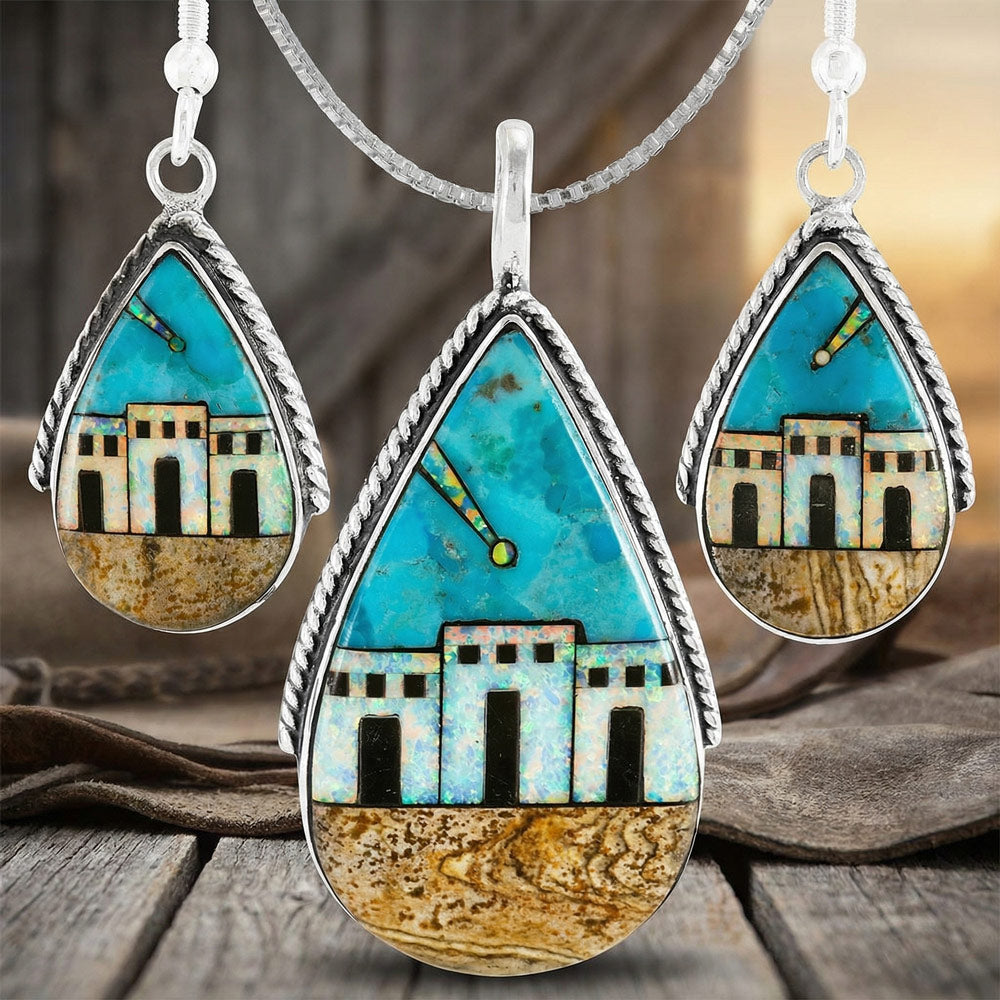 Pueblo Design Multi-Gemstone Turquoise Pendant & Earrings Set Sterling Silver PE4054-C43