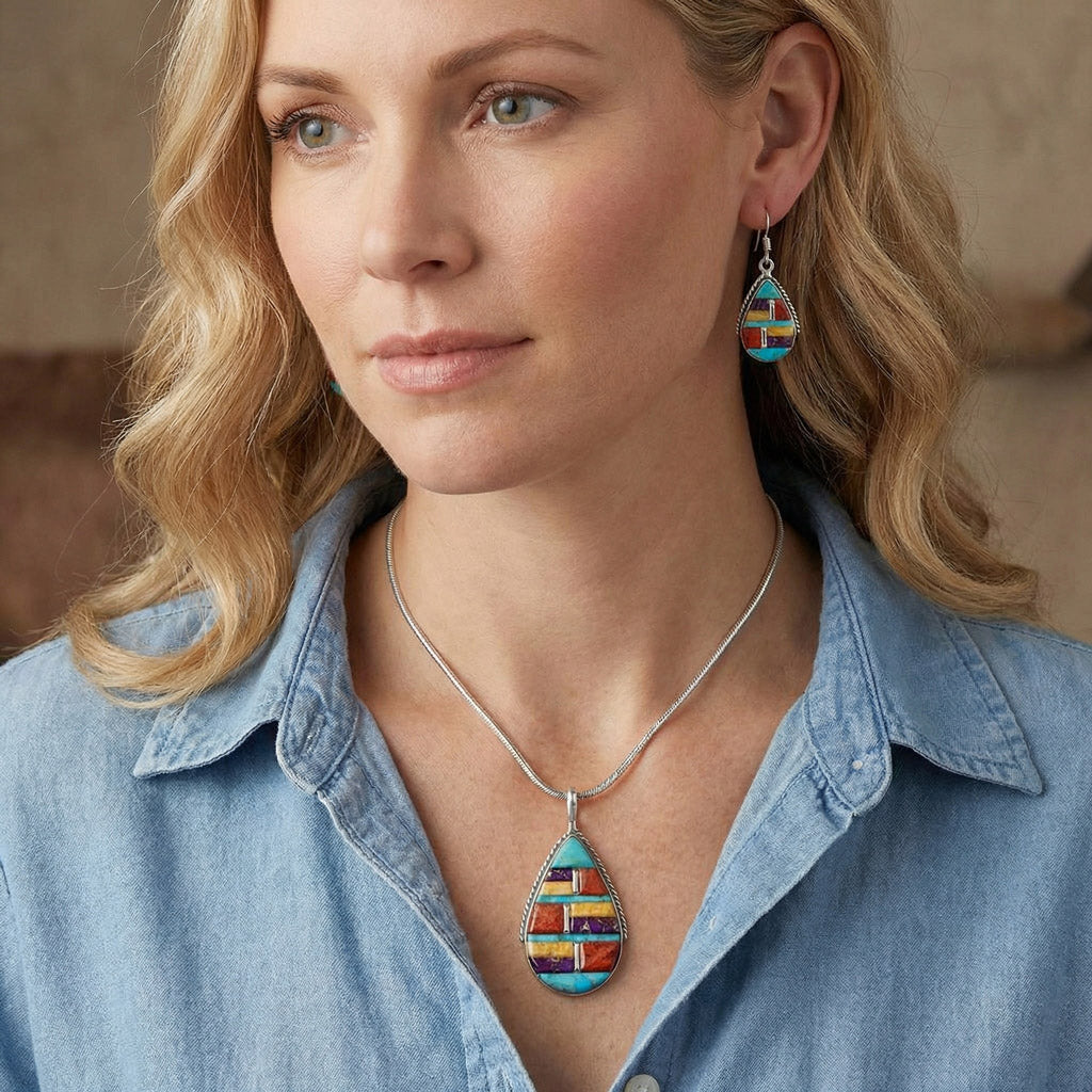 Multi Gemstones Pendant & Earrings Set Sterling Silver PE4054-C51