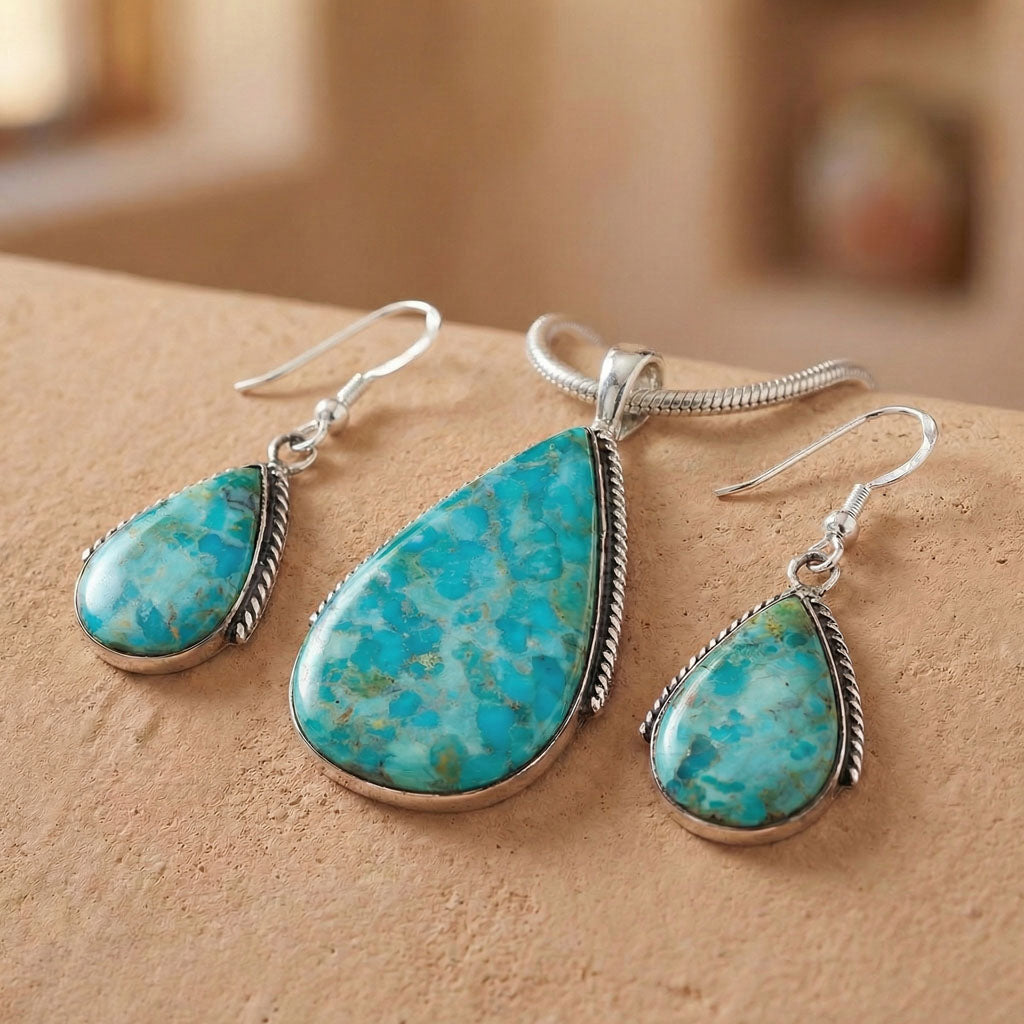 Sterling Silver Pendant & Earrings Set Turquoise PE4054-C75