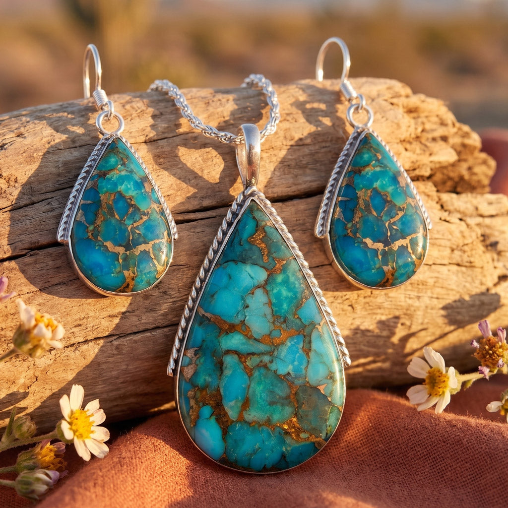 Matrix Turquoise Pendant & Earrings Set SilveryCopper™ PE4054-SB-C84