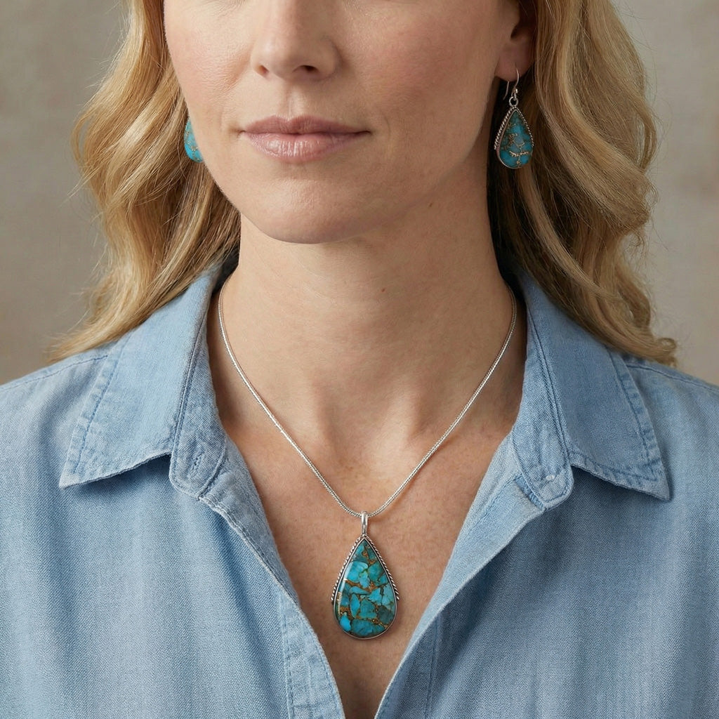 Matrix Turquoise Pendant & Earrings Set SilverBronzé PE4054-SB-C84