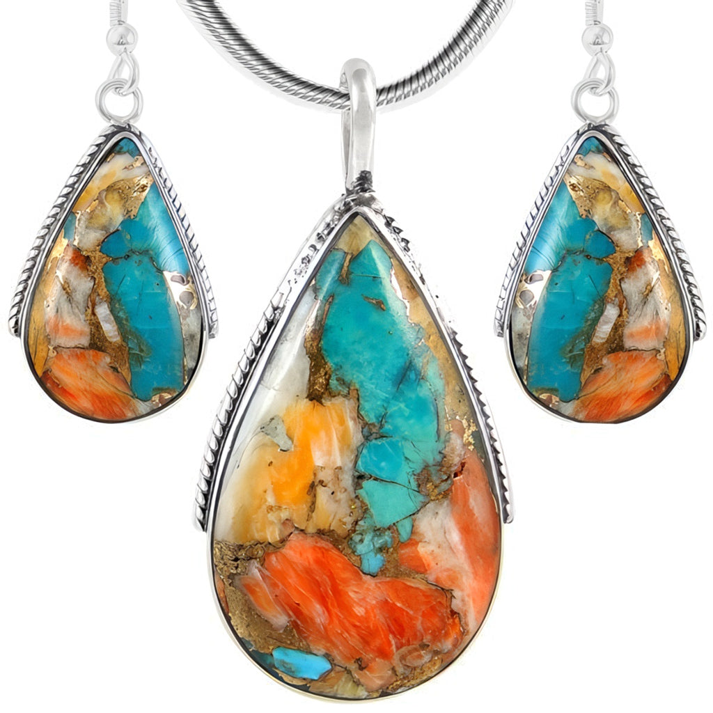 Spiny Turquoise Pendant & Earrings Set SilverBronzé PE4054-SB-C89