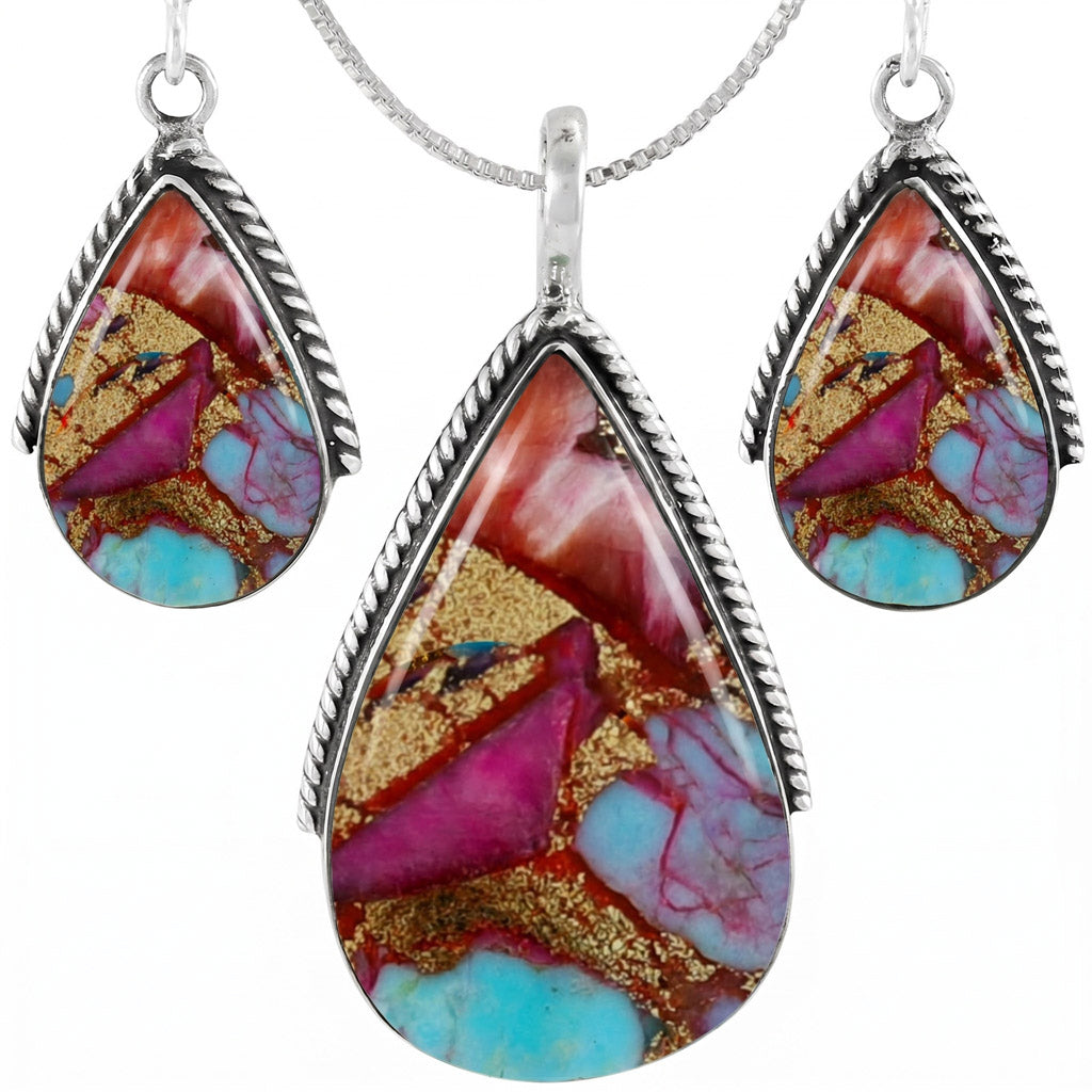 Rainbow Spiny Turquoise Pendant & Earrings Set Sterling Silver PE4054-C91