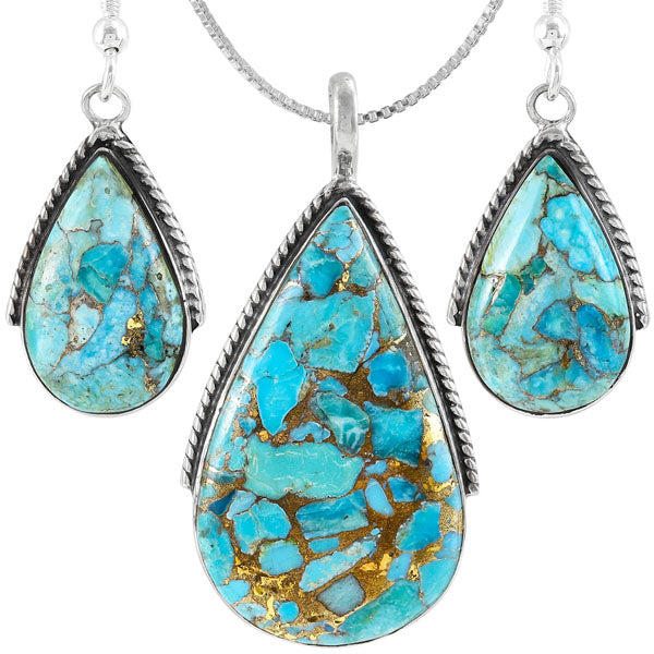 Sterling Silver Pendant & Earrings Set Matrix Turquoise PE4054-C84