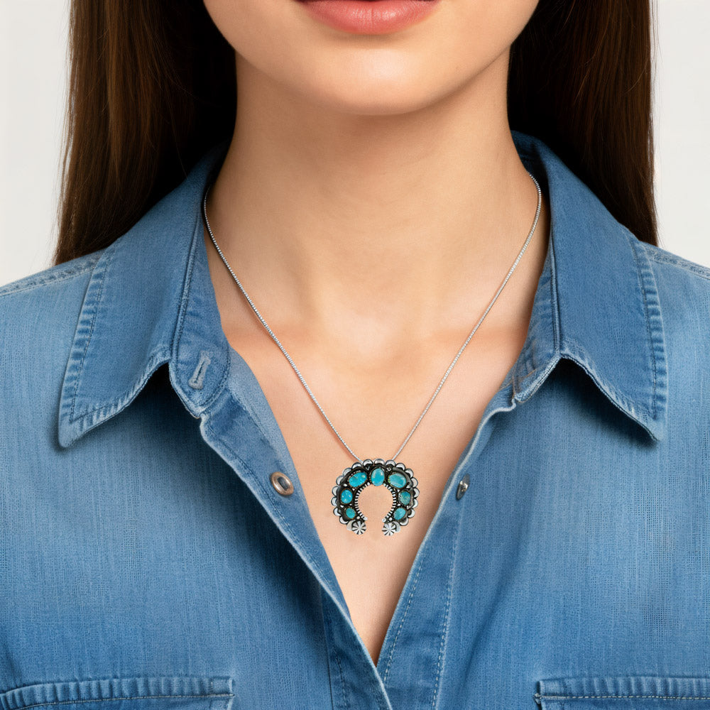 Squash Blossom Naja Turquoise Pendant & Earrings Set Sterling Silver PE4055-C75