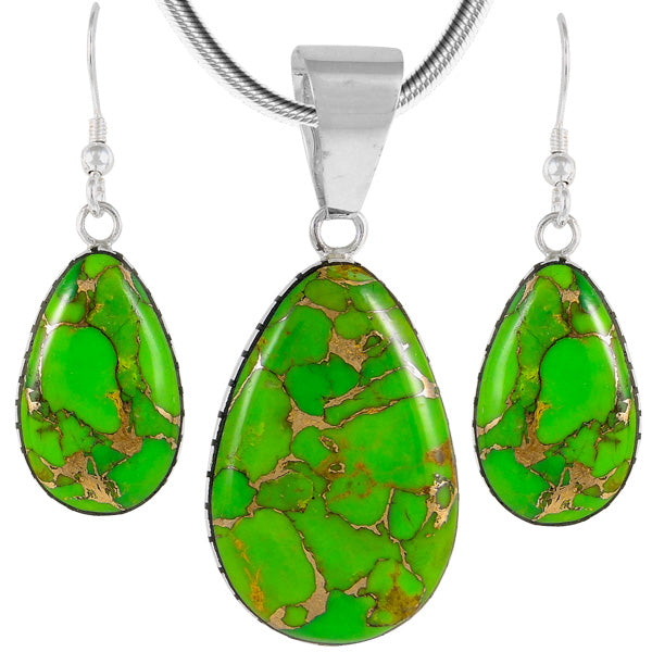 Sterling Silver Pendant & Earrings Set Green Turquoise PE4056-C76