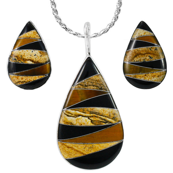 Tiger Eye Pendant & Earrings Set Sterling Silver PE4057-C33