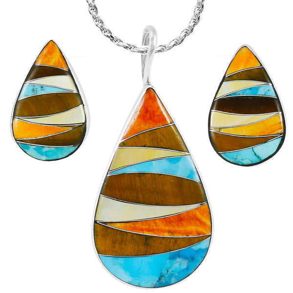 Multi-Gemstone Turquoise Pendant & Earrings Set Sterling Silver PE4057-C41