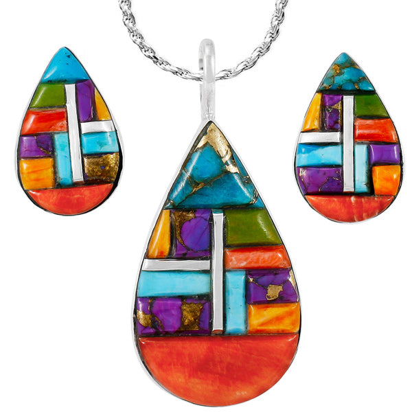 Multi-Gemstone Turquoise Pendant & Earrings Set Sterling Silver PE4057-C51