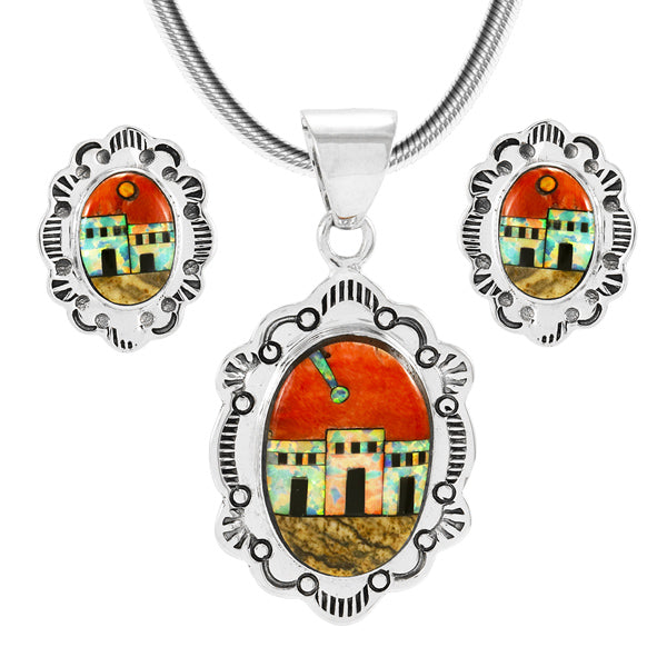 Multi-Gemstone Pendant & Earrings Set Sterling Silver PE4058-C08P
