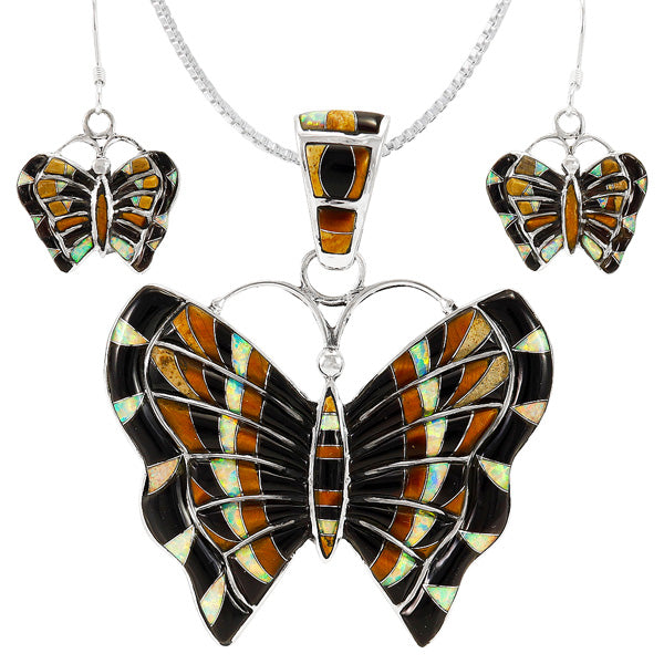 Butterfly Tiger Eye Pendant & Earrings Set Sterling Silver PE4060-C34