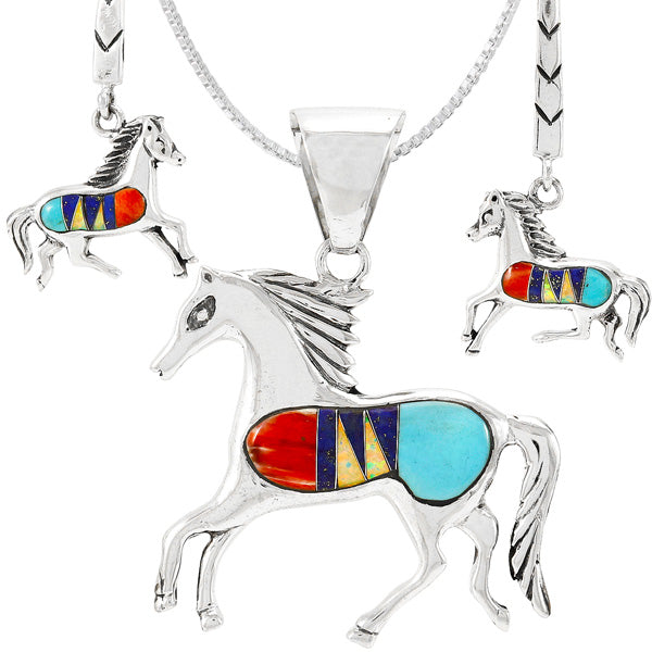 Horse Multicolor Pendant & Earrings Set Sterling Silver PE4062-C00