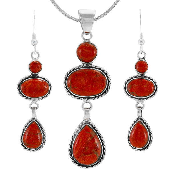 Coral Pendant & Earrings Set Sterling Silver PE4064-C74