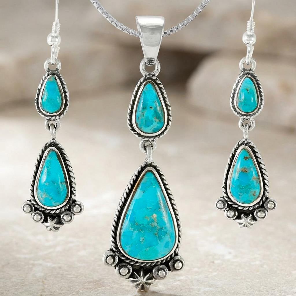 Turquoise Pendant & Earrings Set Sterling Silver PE4065-C75