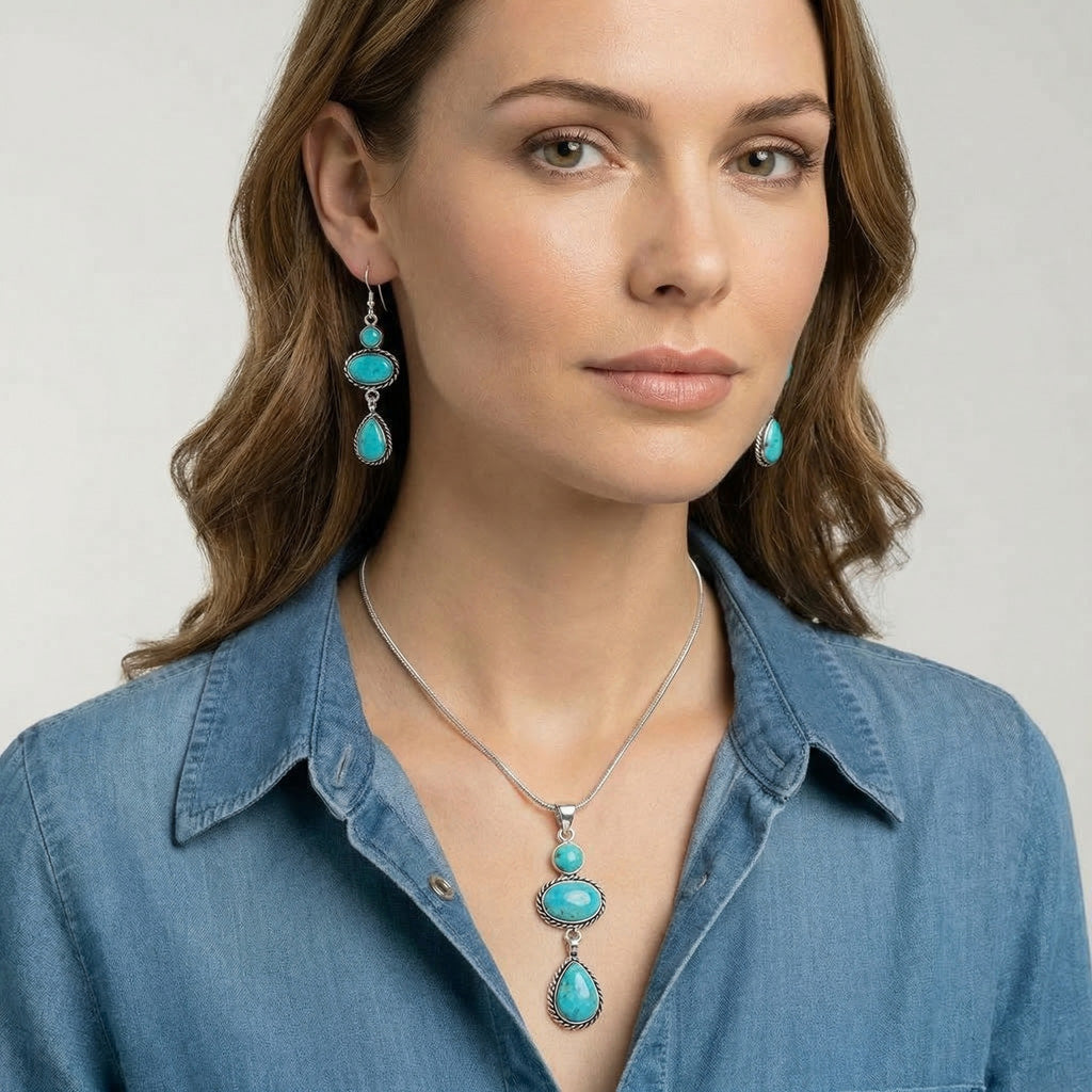 Sterling Silver Pendant & Earrings Set Turquoise PE4064-C75