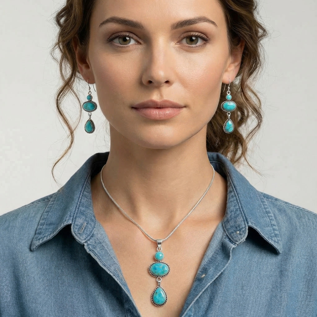 Sterling Silver Pendant & Earrings Set Turquoise PE4064-C75