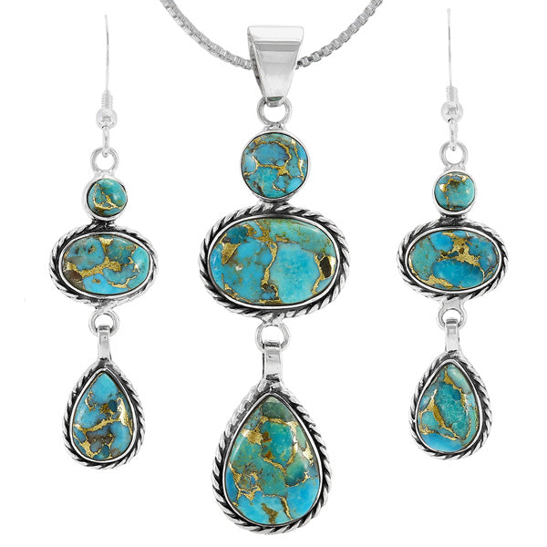 Sterling Silver Pendant & Earrings Set Matrix Turquoise PE4064-C84