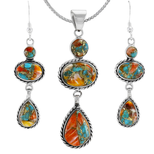 Spiny Turquoise Pendant & Earrings Set Sterling Silver PE4064-C89