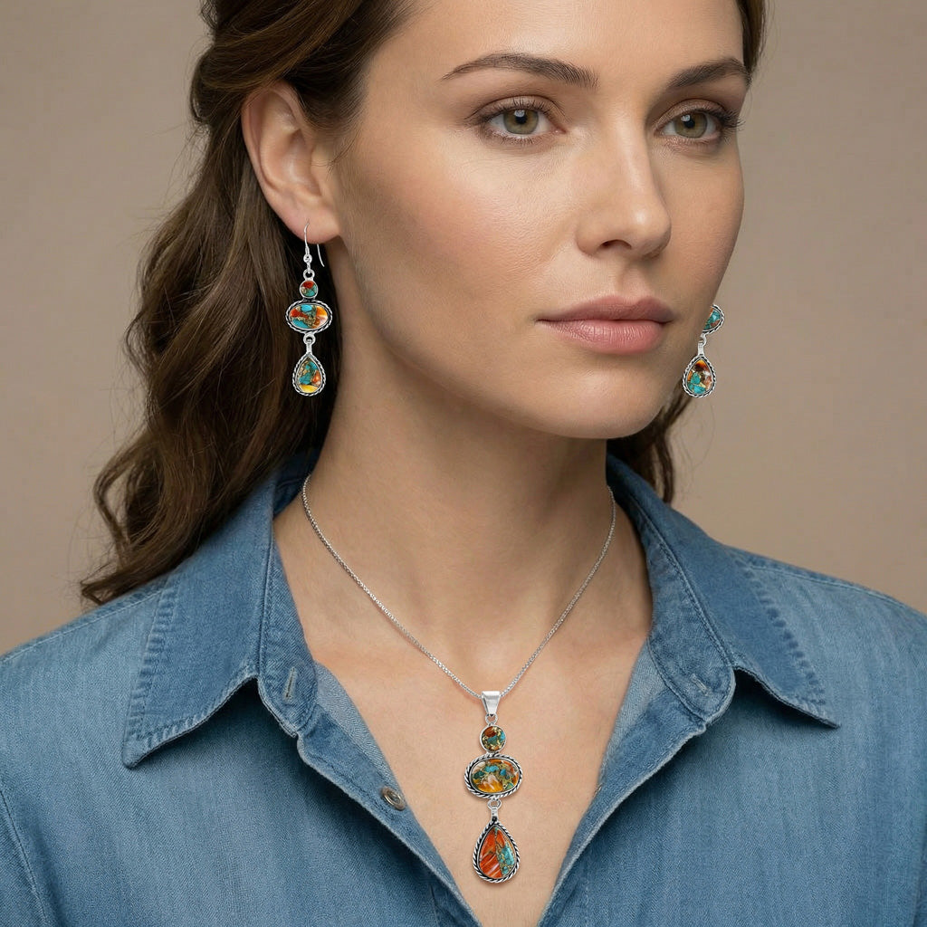 Spiny Turquoise Pendant & Earrings Set Sterling Silver PE4064-C89