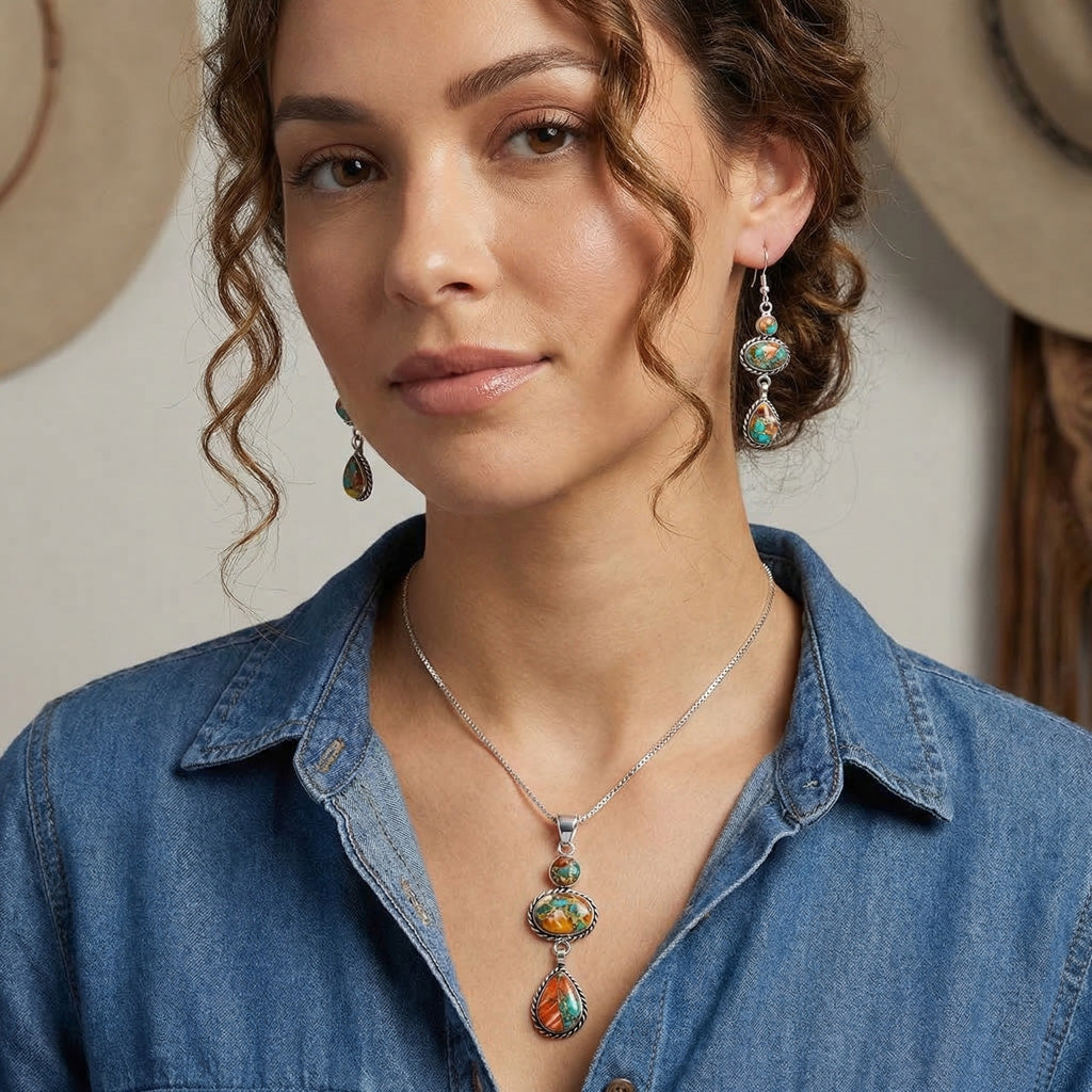 Spiny Turquoise Pendant & Earrings Set Sterling Silver PE4064-C89