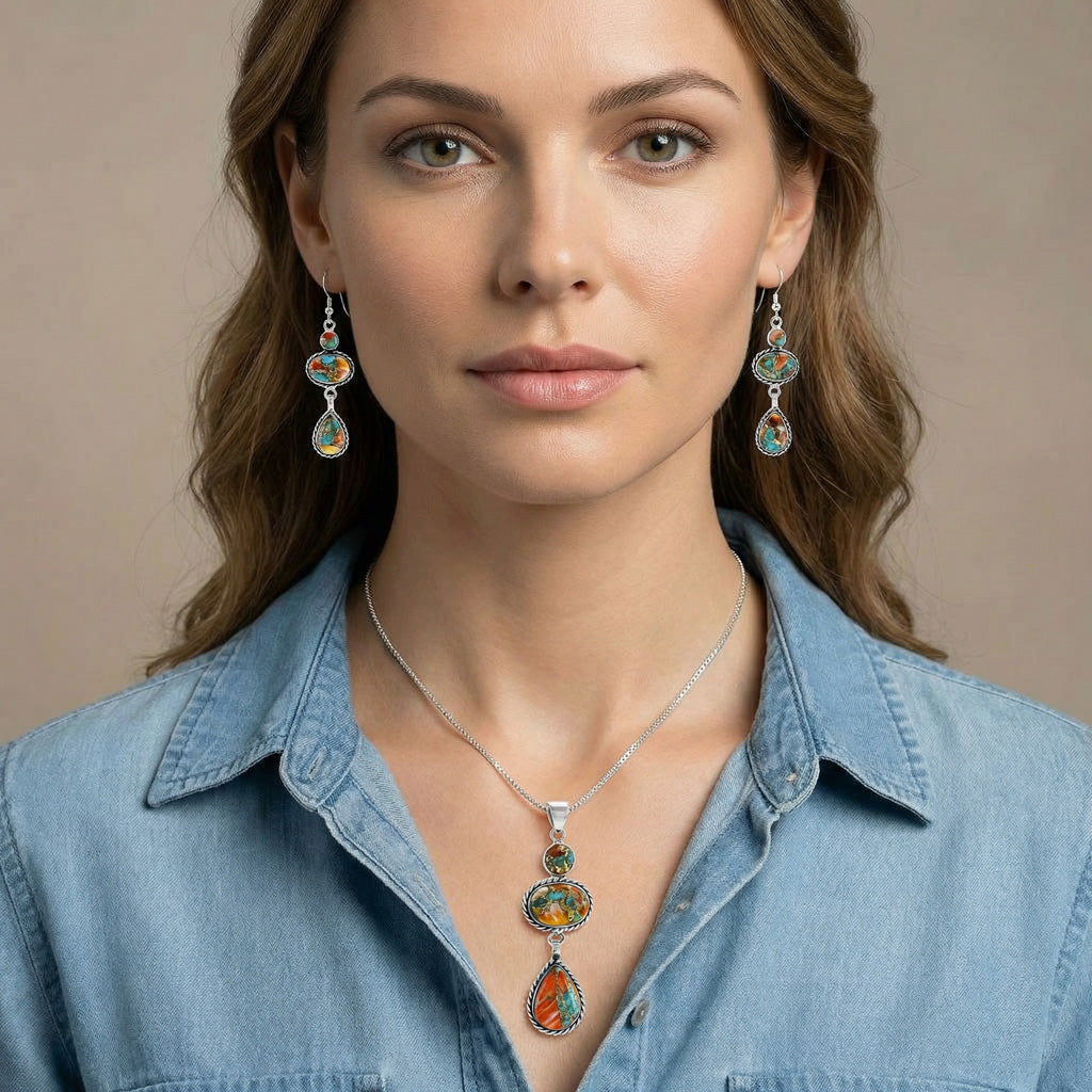 Spiny Turquoise Pendant & Earrings Set Sterling Silver PE4064-C89