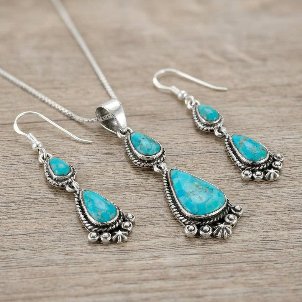 Turquoise Pendant & Earrings Set Sterling Silver PE4065-C75