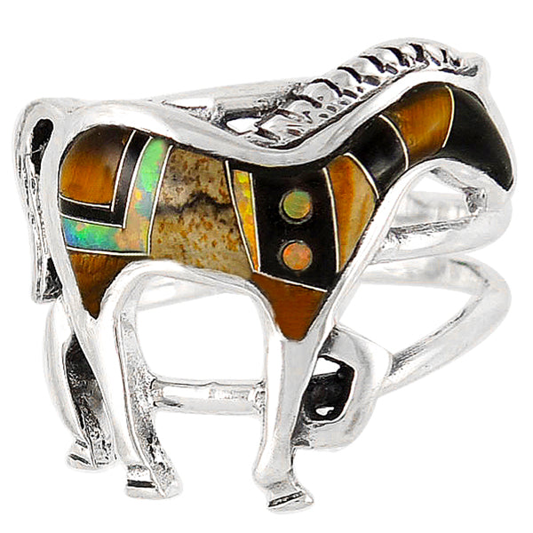 Horse Ring Sterling Silver Multicolor R2018-C34