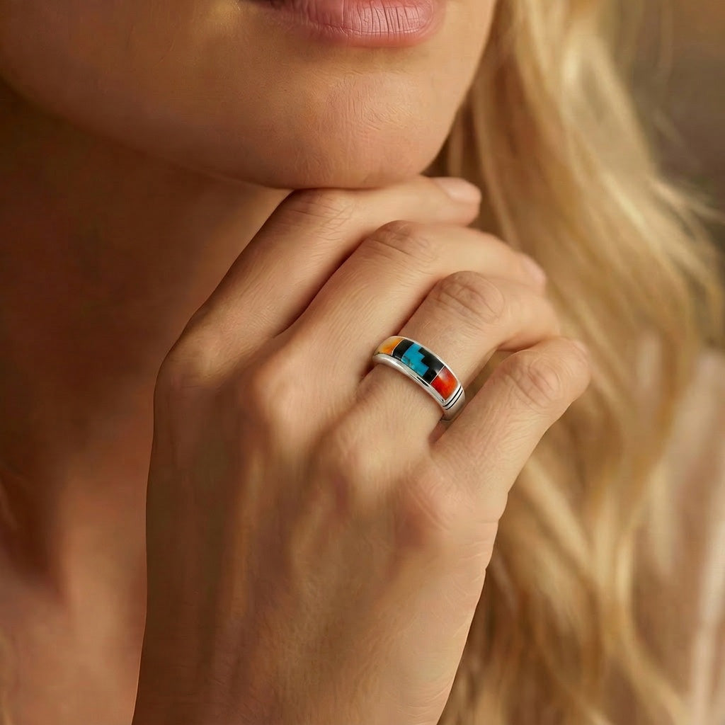 FINAL CLEARANCE - Multi Gemstone Ring SilveryCopper™ R2025-SB-C03 (Unisex, Sizes 6-14)