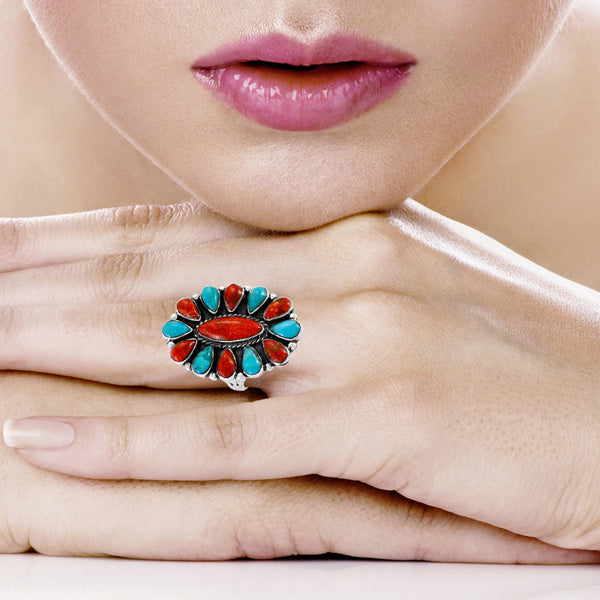 Turquoise & Coral Ring Sterling Silver R2041-C85