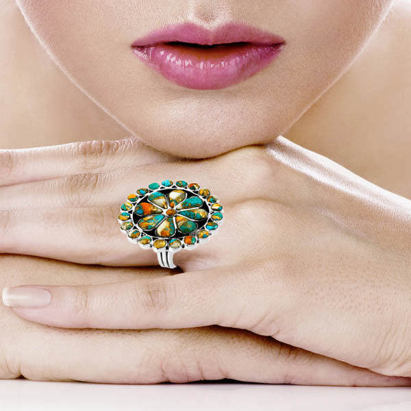 Spiny Turquoise Flower Ring Sterling Silver R2044-C89